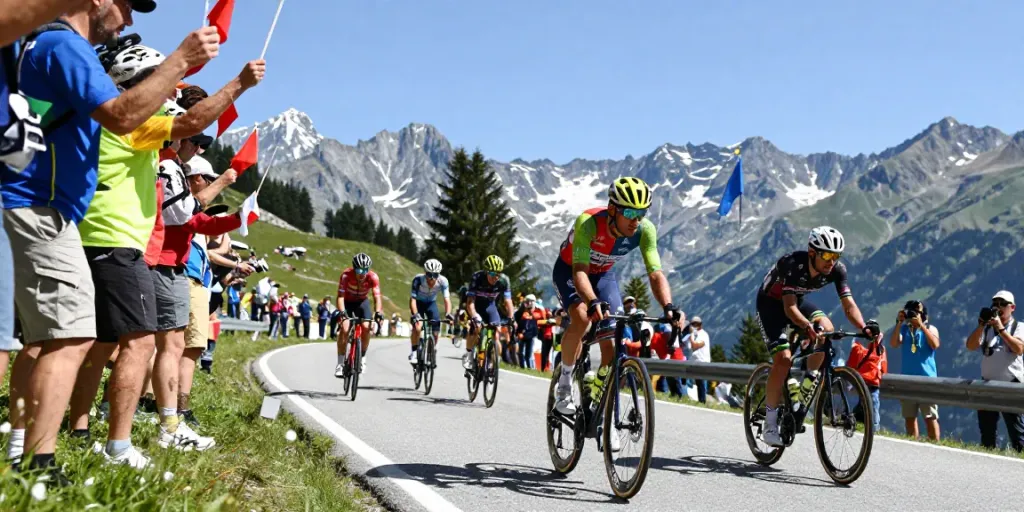 Cyclist competing in a WorldTour event, surrounded by cheering fans and mountainous terrain.