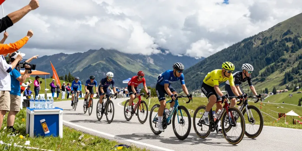 Scena di gara di ciclismo alla Vuelta con atleti professionisti in competizione, evidenziando il WorldTour.