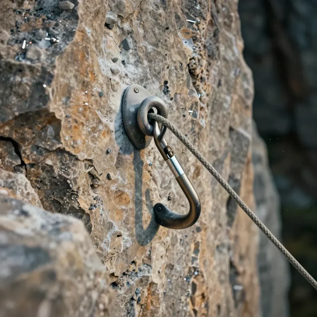 Sosta di sicurezza su parete di calcare, con moschettone bloccato e corda tesa.