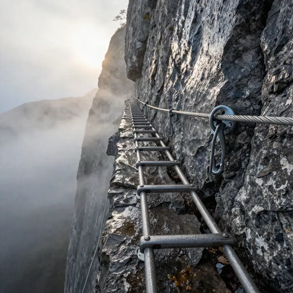 Scala di via ferrata bagnata nella forra, con cavo teso e nuvole basse in salita.