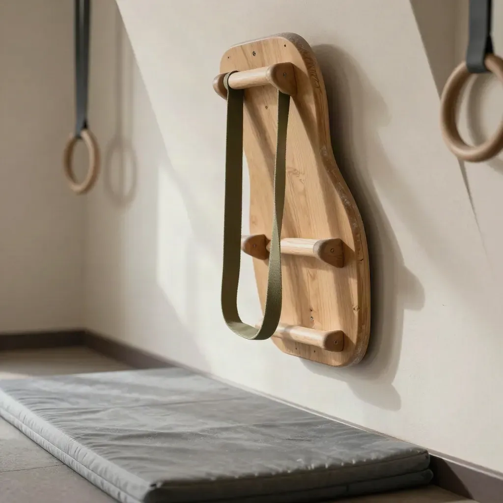 Angolo home training con hangboard in legno, crash mat e elastico su parete chiara.