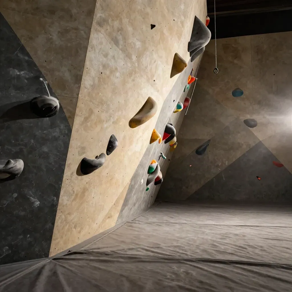 Settore di palestra da arrampicata vuoto dopo la lezione, volumi pietra e auto-belay in diagonale.