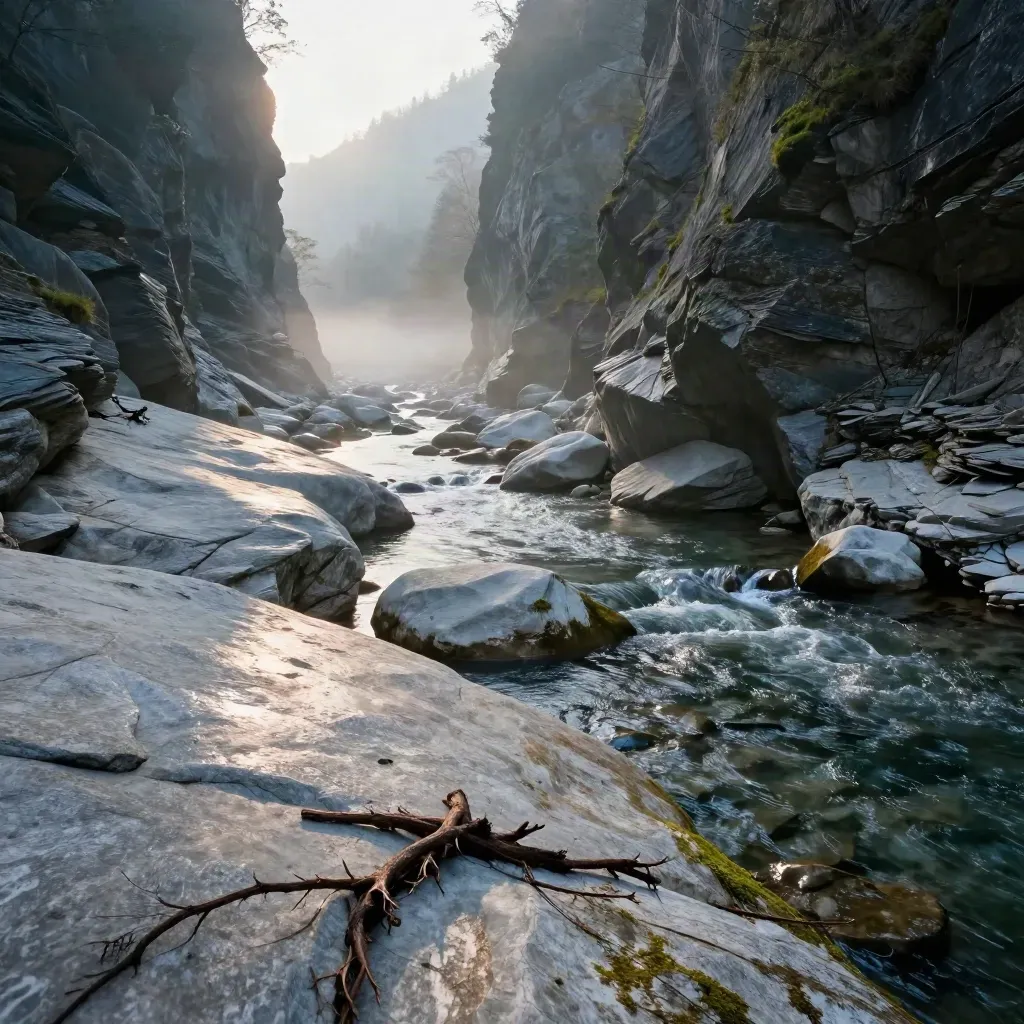 Val di Mello all’alba, fiume tra massi di granito e pareti alte nella nebbia.