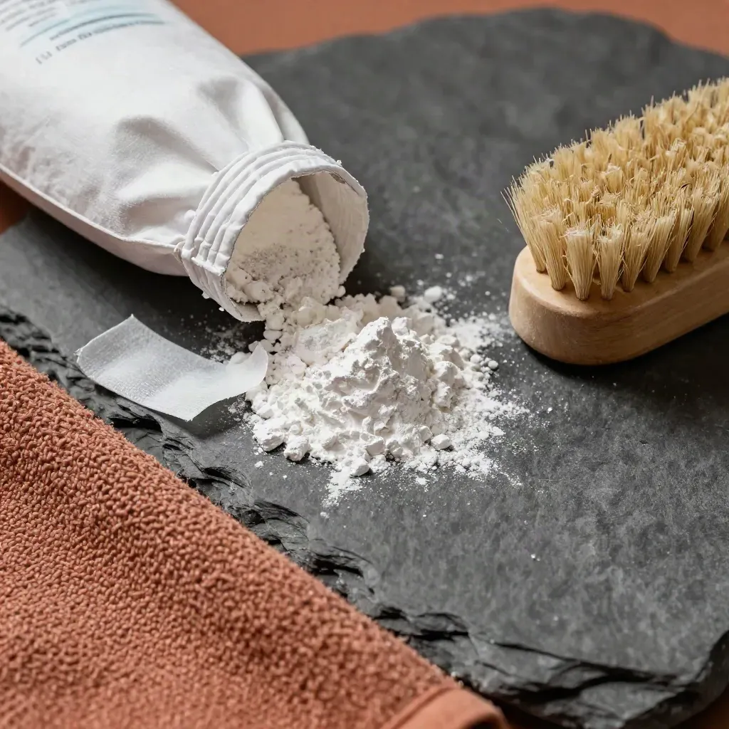 Sacchetto di magnesite rovesciato, nastro dita e spazzola su pietra scura con polvere bianca.