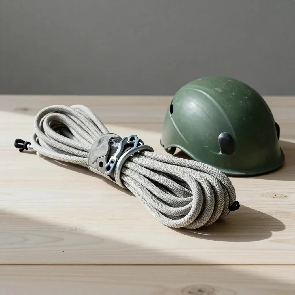 Corda da arrampicata, dissipatore, casco e sacchetto magnesite su legno chiaro.