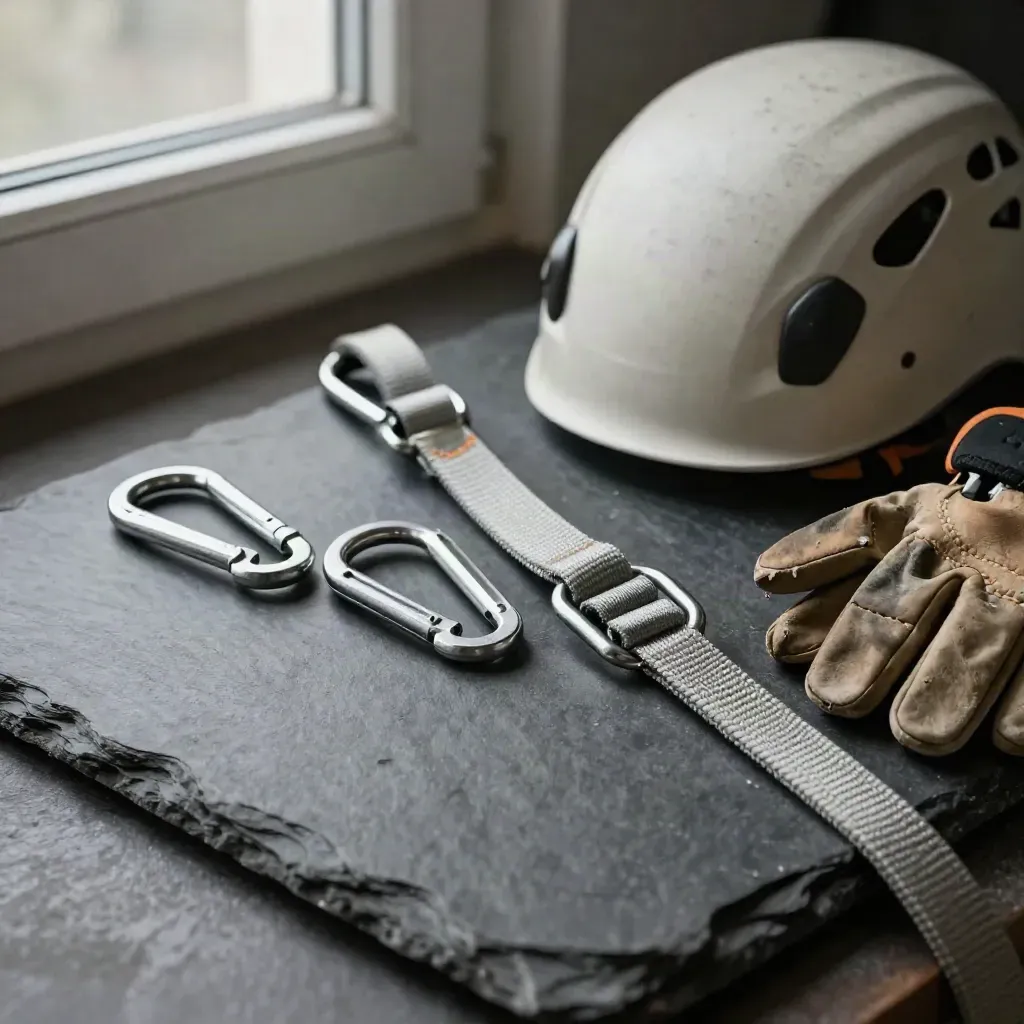 Kit da via ferrata su ardesia con casco, moschettoni e guanto in cuoio.